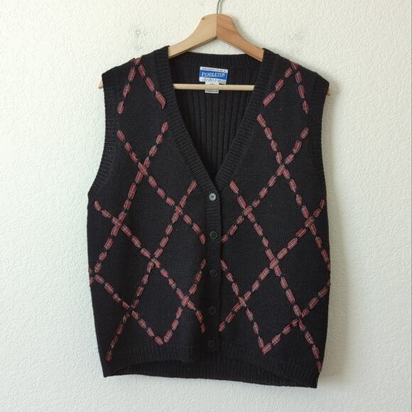 Vintage Pendleton Cardigan Sweater Vest Black Red Christmas Holiday Medium Wool - Picture 5 of 6